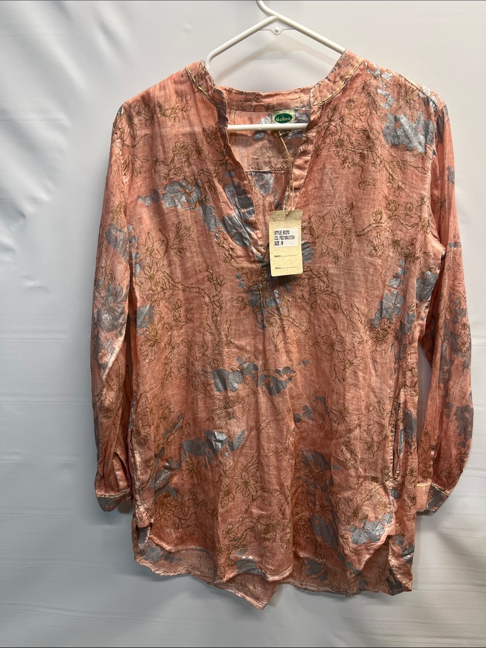 Dolma Women’s Boho Floral Tunic Blouse Pink Blue Long Sleeve Size M NWT